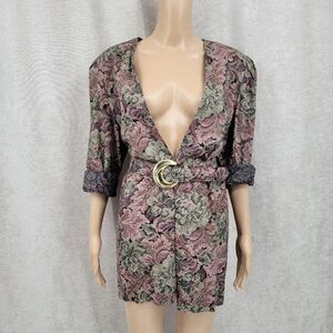 Peri Vintage 80s Floral Printed Jacquard Pattern Tapestry Blazer Matching Belt